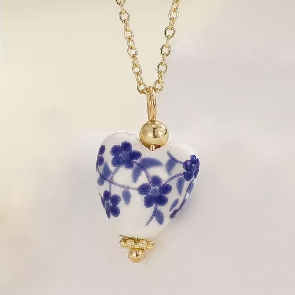White Ceramic Heart Pendant Necklace with Blue Flowers on Gold Tone Chain